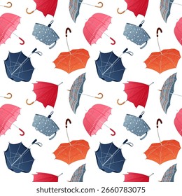 Patrón inconsútil colorido con paraguas en diferentes Formas y colores. Fondo de Vector de otoño con sentimiento acogedor Diseño texturizado de repetición de otoño para estampados estacionales, papel de regalo y tela