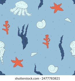 colorful seamless pattern with underwater life