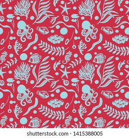 Colorful seamless pattern of underwater scene. Made of pastel blue seaweed, leaves,  corals, sea horses,  air bubbles,  fish and octopuses on the red background