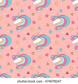Colorful seamless pattern with unicorn, heart, diamond, crystal. Hand drawn vector Illustration for kid textile, card, pin, t-shirt print design. Fashion trend background. Fairy tale, magic
