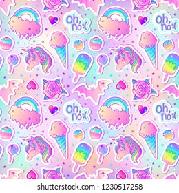 Colorful seamless pattern: unicorn, sweets, rainbow, ice cream, lollipop, cupcake, rose, bat. Vector illustration. Stickers, pins, patches. Kawaii pastel colors. Cute gothic style.