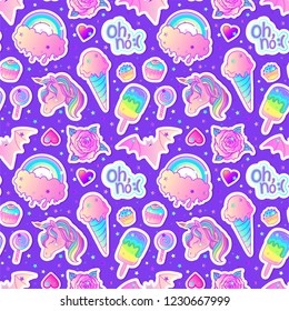 Colorful seamless pattern: unicorn, sweets, rainbow, ice cream, lollipop, cupcake, rose, bat. Vector illustration. Stickers, pins, patches. Kawaii pastel colors. Cute gothic style.