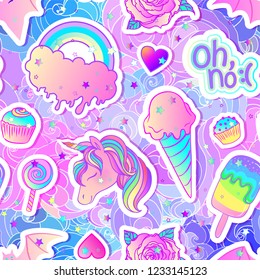 Colorful seamless pattern: unicorn, sweets, rainbow, ice cream, lollipop, cupcake, rose, bat. Vector illustration. Stickers, pins, patches. Kawaii pastel colors. Cute gothic style.