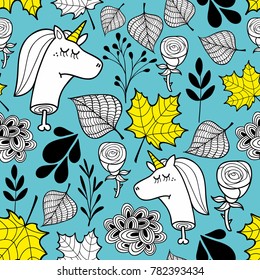 Colorful seamless pattern with unicorns and autumn leaves. Vector endless background.