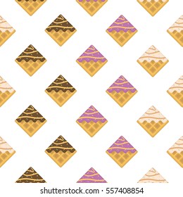 Colorful seamless pattern. Vanilla waffles with glaze and sprinkles. Sweet texture