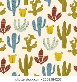 Colorful seamless pattern of various cacti on light background. Vector hand drawn surface design