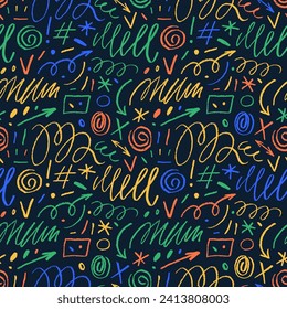 Colorful seamless pattern with various charcoal strokes and curved lines. Hand drawn vector scribbles and squiggles, punctuation marks. Creative abstract squiggle style drawing background for children