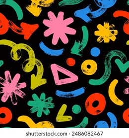 Colorful seamless pattern with various geometric bold doodle shapes, squiggly arrows and dots. Hand drawn thick brush strokes, squiggles and geometric shapes. Vector abstract grunge wallpaper.