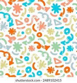 Colorful seamless pattern with various geometric bold doodle shapes, squiggly arrows and dots. Hand drawn thick brush strokes, squiggles and geometric shapes. Vector abstract grunge wallpaper.