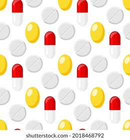 Colorful seamless pattern with various pills on background. Vibrant texture for medical illustrations