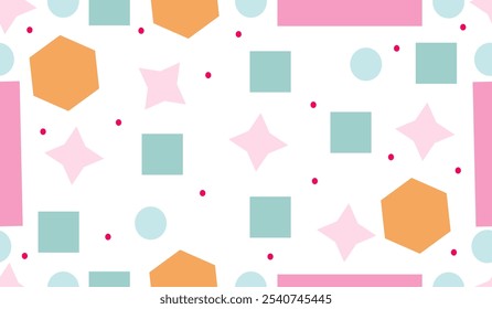 Colorful seamless pattern of various two-dimensional shapes for educational mathematics resources and activities.
