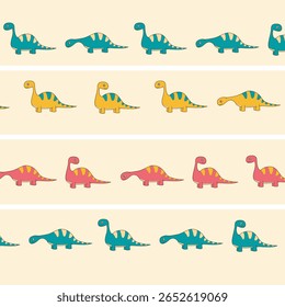colorful seamless pattern vector cartoon design of brontosaurus dinosaur for fullprint fabric kids apparel. This design is suitable for children's clothing textile industry