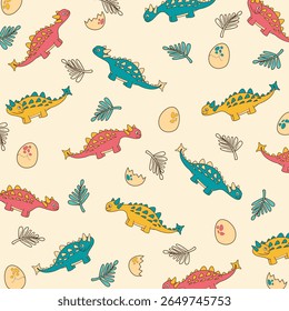 colorful seamless pattern vector design of ankylasaurus dinosaur cartoon for fullprint kids apparel. This design is suitable for children's clothing textile industry