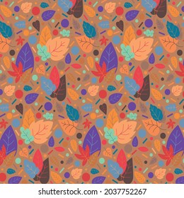 Colorful seamless pattern. Vector illustration. Doodle style illustration. Autumn texture. Colorful leaves. Print for printing on textiles, printing and interior decor.