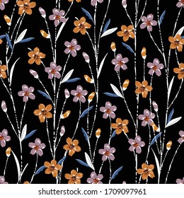 Colorful seamless pattern vector with meadow flowers with white hand brush line stem, Liberty floral background.pattern for fashion,fabric and all prints on black 