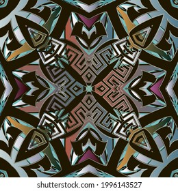Colorful seamless pattern. Vector ornamental ethnic background. Repeat greek style backdrop. Floral ornaments with flowers, lines, greek key, meanders. Abstract geometric design. Grunge texture.