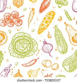 Colorful seamless pattern with vegatables. Ink hand drawn vector illustration. Can be used for wrapping paper, street festival, farmers market, country fair, shop, menu, cafe, restaurant