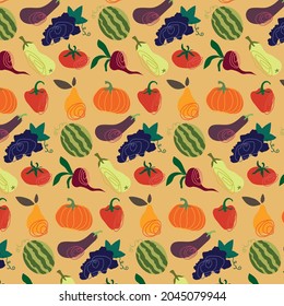 Colorful seamless pattern from vegetables and fruits. Vector illustration. Illustration in doodle style. Texture for printing on textiles and printing, for interior decoration.
