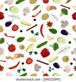 Colorido patrón sin costura con verduras, especias y hierbas en un fondo blanco. Comida vegetariana.Ilustración vectorial.