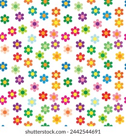 Colorful seamless pattern of vibrant multi-colored flowers scattered across the image.
