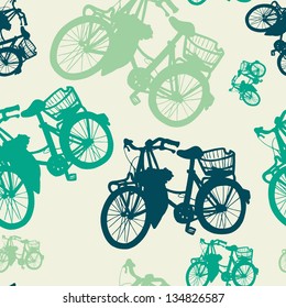 Colorful seamless pattern with vintage bicycle silhouettes. Vector illustration.