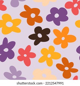 Colorful seamless pattern with vintage vector groovy flowers. Modern floral silhouettes. Retro abstract surface pattern design for textile print, stationery, wrapping paper