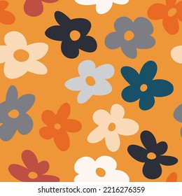 Patrón ininterrumpido colorido con flores vectoriales vintage groovy. Silhouettes florales modernas. Diseño de patrones de superficie abstractos retro para impresión textil, papel de papel, papel de embalaje