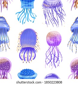 Colorful seamless pattern with violet and blue jellyfish. Repeatable background with swimming medusa. Vector cartoon illustration of exotic underwater creatures