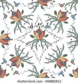 Colorful seamless pattern with water lily, curly lines, flowers. Hand drawn graphics. For prints, designs, fabric, manufacturing, clothes, pillows, wrapping paper.