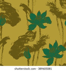Colorful seamless pattern with watercolor lotus flowers and leaves. Stock vector illustration.