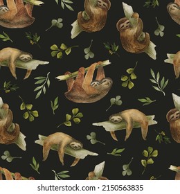 Colorful seamless pattern watercolor sloths in trendy style. Vintage illustration for fabric design.