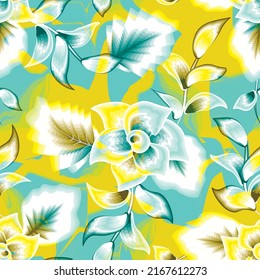 colorful seamless pattern with watercolor tropical leaves and flowers. summer floral print on grunge background. Colorful stylish floral. Floral background. Seamless pattern with hand drawn flowers