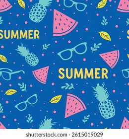 Colorful seamless pattern with watermelons, pineapples, sunglasses, leaves, and "SUMMER" text on a blue background. Perfect for summer apparel, packaging, and decoration.