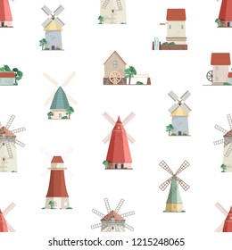 Colorful seamless pattern with watermills and windmills on white background. Backdrop with old European wind and water mills. Vector illustration in flat cartoon style for wrapping paper, wallpaper.