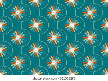 Colorful seamless pattern with waves, lines and semicircles. The idea for the cards, packaging, textile. Vector illustration.
