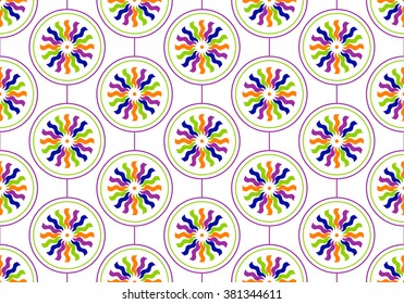 Colorful seamless pattern with waves, lines and circles. The idea for the cards, packaging, textile. Vector illustration.