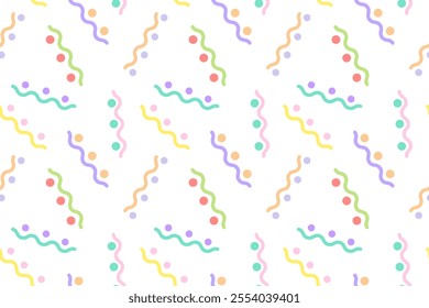 Colorful seamless pattern with wavy lines and dots in pastel tones on a white background, perfect for modern designs.