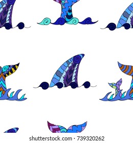 Colorful seamless pattern with whale tail and shark fin. Hand drawn vector illustration for kids design, decor, textile.
