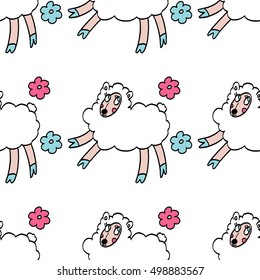 Colorful seamless pattern with white sheeps and flowers isolated on white background. Sheeps for party, designs, birthday, prints, interior decoration, wrapping paper, textile, valentines day cards.