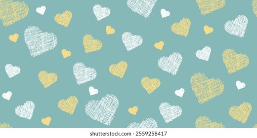 Colorful seamless pattern: white, yellow hearts. Pencil hand drawn, not AI vector illustration on blue background for cards, banners, wallpaper, textile, wrapping. Valentines Day. Editable stroke	