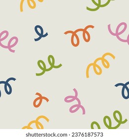 Colorful seamless pattern whith serpentine. Background for festive celebration design. Explosion of confetti. Hand drawn modern design for card, print on clothes.