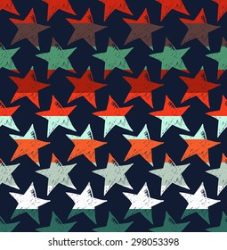 Colorful seamless pattern with whole star elements separated by color stripes on dark background.