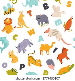 Patrón ininterrumpido colorido con animales graciosos y salvajes y letras inglesas. Ilustración del vector