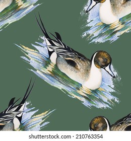 Colorful seamless pattern with wild ducks on green background vector illustration