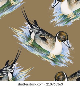 Colorful seamless pattern with wild ducks on brown background vector illustration