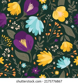 Patrón colorido y sin fisuras de flores y hojas silvestres. Ilustración vectorial moderna.