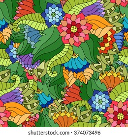 Colorful seamless pattern with wild flowers and leaves in gypsy style. Vector backdrop. Bright endless floral background.