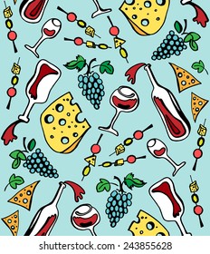 Colorful seamless pattern with wine glasses, bottles, grapes and cheese.