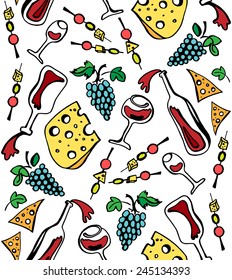 Colorful seamless pattern with wine glasses, bottles, grapes and cheese.