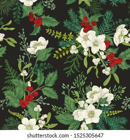 Colorful seamless pattern with winter plants on a black background. Christmas magic background. Vector botanical illustration.